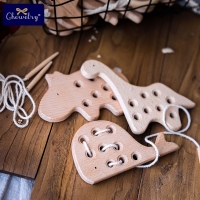 Wooden Mouse Threading Board for Kindergarten- Beech Wood Sewing Toy with Dinosaur Buttons and Beaded Blocks- Ideal for Boys and Girls