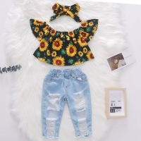 3PCS Summer New Toddler Kids Baby Girls Clothes Off Shoulder Sunflowers Shirt Tops + Hole Denim Pants + Headband Outfits 1-5Y