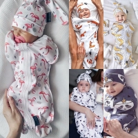 0-6Month Newborn Infant Kids Baby Girls Boys Sleeping Bags+Hats Cartoon Print Cotton Autumn Blanket 2pcs