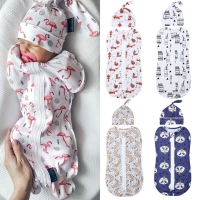 2Pcs Infant Baby Cartoon Printed Blanket Soft Plain Swaddle Muslin Wrap Swaddling Newborn Baby Zipper Cotton Sleeping Bag+Hat