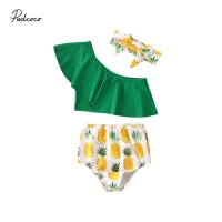 Toddler Baby Girl Pineapple Bikini with One Shoulder, Bow and Headband for Summer Swimwear