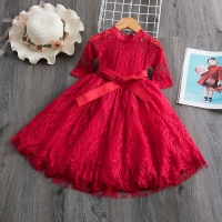 Girls Red Floral Lace Tulle Dress for Wedding, Parties, Birthdays and Autumn Season Kids Clothing