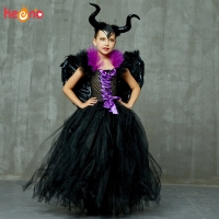 Evil Queen Black Gown Tutu Dress with Deluxe Horns and Wings Girls Villain Fancy Dress Kids Halloween Cosplay Witch Costume