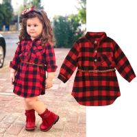 Red Plaid Princess Party Dress for Baby Girls (0-5 years old) with Long Sleeves and Waistband