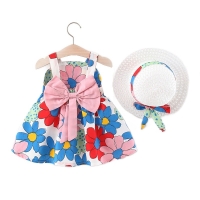 2022 Summer Newborn Baby Clothes Infant Girls Costume Kids Print Sleeveless Floral Beach Dress + Sunhat 2Pcs Vestido Infantil
