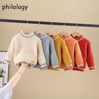 PHILOLOGY pure color fall winter boy girl kid thick crew neck shirts solid long sleeve pullover sweater
