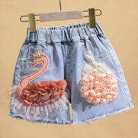Baby Girl's Summer Cotton Denim Shorts Pants Toddler Kids Cute Swan Flower Soft Jeans for Teenager Girls Children Clothing