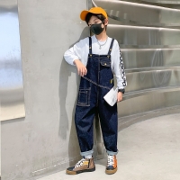 Autumn Bib Pants Overalls Jumpsuits Boys Cartoon Splicing Fashion Denim Suspender Loose Pocket Cowboy New Unisex Denim Jeans