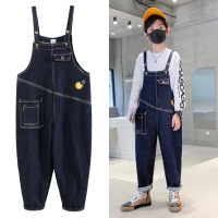Big Boys Jumpsuits Vintage Button Pockets Full Length Straight All-match Loose Students Loose Blue Denim Overalls 6-12 Years
