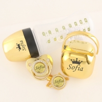 Luxury Any Name Customized Baby Feeding Set Gold Rose Gold Silver Milk Bottle Pacifier Bling Pacifier Case Unique Birthday Gift
