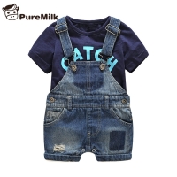 Bebes newborn clothes cotton letter printed t-shirt with demin overalls baby boys clothes summer children clothing