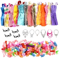 30 Item/Set Doll Accessories=10 Pcs Mixed Doll Clothes Dress+10 Pairs Doll Shoes +4 Glasses+6 Plastic Necklace for Barbie doll