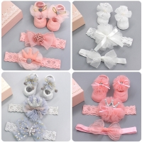 3Pcs Baby Crown Headbands + Socks Set Kids Newborn Baby Cartoon Socks Anti-slip Floor Sock Shoes Bowknots Socks Baby Gifts 0-2T