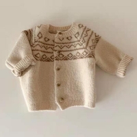 Baby Girls Boy Cardigan Jackets Retro Diamond Lattice Sweater Baby Cute Sweet Toddler Clothing Kids Children Casual Top Coat New