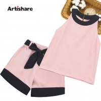 Kids Summer Clothes Girls Patchwork Girls Clothes Set Vest + Short 2PCS Outfits For Girls Casual Style Big Bow Kids Clothing
