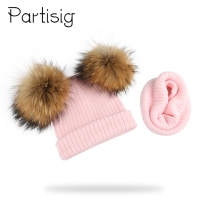 Winter Kids Natural Raccoon Fur Double Pompon Hat And Scarf For Girls Baby Cap With Genuine Pompom Children's Accessories Bonnet