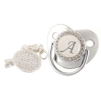 Initial Letters Bling Baby Pacifier Silver 26 Letter Silicone Pacifiers with Rhinestone Pacifier Clip Infant Nipple Shower Gift