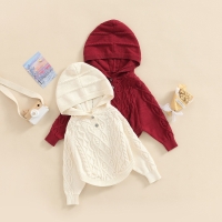 0-24M Kid Girl's Sweater Hood Sweater, Solid Twist Jacquard Long-Sleeved Button Cloak Knitwear