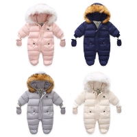 Winter Warm Baby Girls Boys Zipper Down Snow Wear Jumpsuit with Gloves Fashion Toddler Long Sleeve Hooded Thicken Romper Outfit