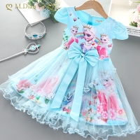 Summer Kids Clothes Pretty Korean Little Girls Dresses Frozen Elsa Anna Princess Party Costume Vestidos Bow Tie Outfits Clothing