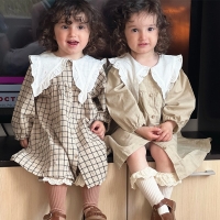 Baby Girls Dress Casual Plaid Clothes Summer 2022 New Korean Cotton Linen Girls Princess Dress Big Turn Down Collar Dress