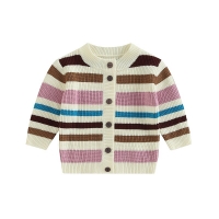 Toddler Baby Autumn Cardigan, Color Stripe Print Round-Neck Long Sleeve Button Closure Coat for Boys Girls