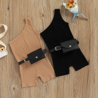1-6Y Kids Girls Playsuits with Belt Bags 2022 Summer Baby Clothing Solid Oblique Shoulder Sleeveless Romper Children Overalls