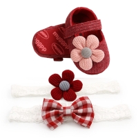 2021 Spring 0-18M Baby Girl Baby Shoes+Bow+Floral Headband Set Big Flower Soft Sole Flats Infant Toddler