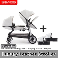 Newborn twins Baby stroller Luxury high landscape leather  prams  folding can sit lying double baby stroller 13pcs