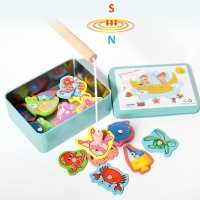 Baby Wooden Magnetic Fishing Game Toy Set with 16 Pieces of Undersea Fish in an Iron Box - Fun 3D Cartoon Toys for Cognition and Gifts.
