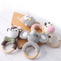 Montessori Educational Baby Rattle with Smooth Beech Wood Teething Crochet Elk Fox Bear Teethers (1 Pc)