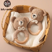 Crochet Bear Rattle Bracelet with Wooden Teether Ring - Baby Toy and Gift for Newborns