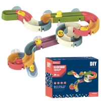 Yellow duck bath toy set with suction cup tracks for kids' water play in the shower and bathtub.