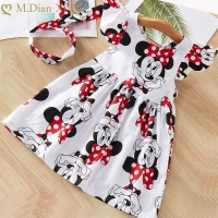 Minnie Summer Dress Set for Baby Girls with Headband - Cotton Flying Sleeve Newborn Toddler Dress
