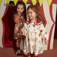 Girls' Spring Dress with Academic Style, Long Sleeves, A-line Cut, Cute Cartoon Print - Amila Baby 2023 Collection