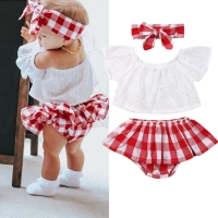 3-Piece Off-Shoulder Lace and Red Plaid Dress Set with Headband for Baby Girls (0-24 Months)