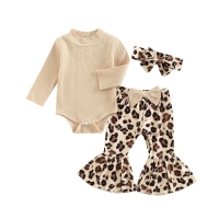3PCS Infant Girl Outfit: Romper + Flare Pants + Headband Set for Spring & Autumn