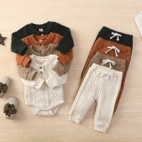 Baby Girl Autumn Romper Pants Set with Knitted Button Sweater and Casual Trousers in Solid Color