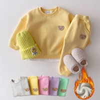 2pcs Korean Kids Bear Embroidered Fleece Set (Sweatshirt + Jogger Pants) - Girls 1-5yrs