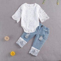Summer Baby Girl's Lace Romper with Long Sleeve and Denim Pants Set
