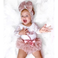 First Birthday Outfit for Baby Girls: Lace Romper, Tutu Skirt and Headband Set (0-30 Months)