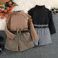 Girls Autumn Clothing Set - Ruffle Long Sleeve Ribbed Top with Houndstooth Shorts, Belt Included - Ages 1 to 6 Years