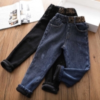 Girls' Winter Fleece-lined Jeans - Black/Blue Stretch Denim Straight Leg Trousers for Kids