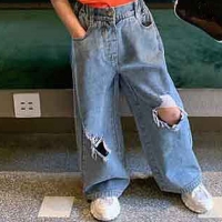 Girl's Ripped Wide Leg Jeans for Spring and Summer Fashion - Kids Clothes