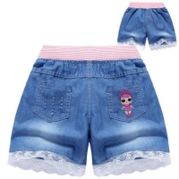 Teenage Girl Summer Denim Shorts with Lace, Bow and Rainbow Design.