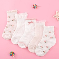 Cute Flower Pattern Cotton Socks for Girls (5 Pairs) - Spring/Summer Wear for Infants and Children