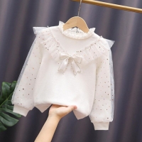 Girls' White Cotton Blouse with Bow and Lace Details - Spring/Autumn Pullover for 3-12 Years Old Children