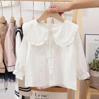 Soft Cotton White Blouse for Toddler Girls with Long Sleeves and Ruched Collar - Perfect Fall Wardrobe Addition!