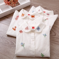White Long Sleeve Girls Blouses with Fox Embroidery for Autumn 2023 - 100% Cotton - Sizes 8-12 for School Wear