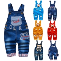 Unisex Baby Denim Bib Overalls with Cartoon Letters and Suspenders